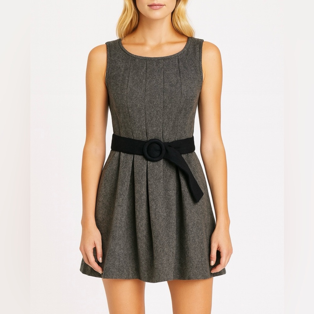 Anthropologie Me And You Gray Wool Blend Belted Mini Dress Size Large